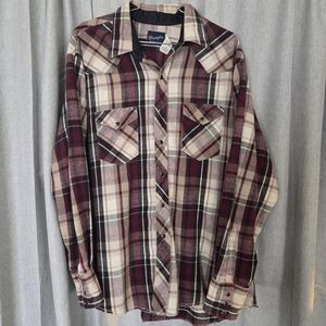 Vtg Wrangler Heavy Flannel Mens Size XL Pearl Snap Plaid Western Wrancher